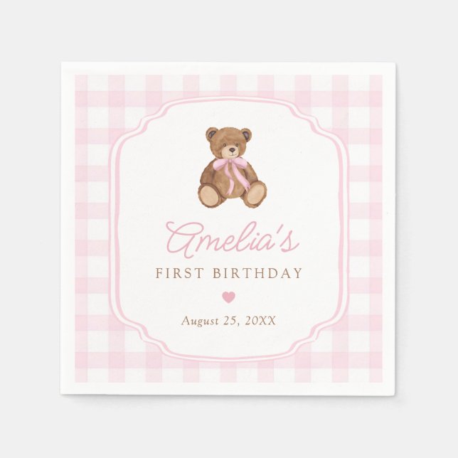 Pink Gingham Teddy Bear Beary First Birthday Napkins (Front)