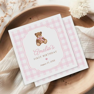 Pink Gingham Teddy Bear Beary First Birthday Napkins