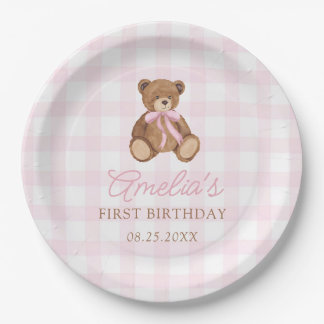 Pink Gingham Teddy Bear Beary First Birthday Paper Plates