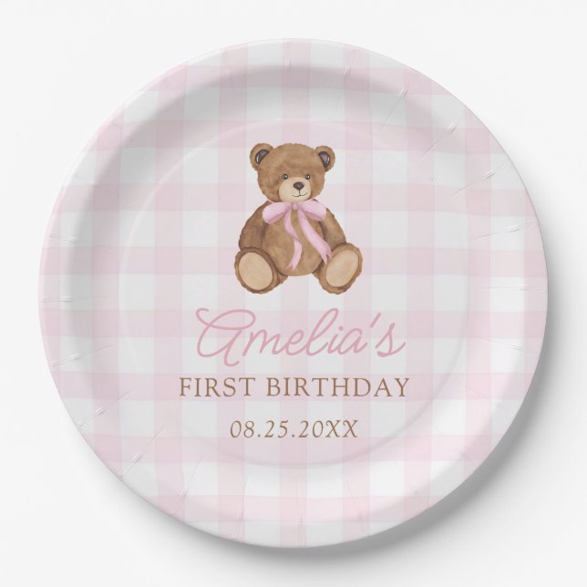 Pink Gingham Teddy Bear Beary First Birthday Paper Plates (Front)