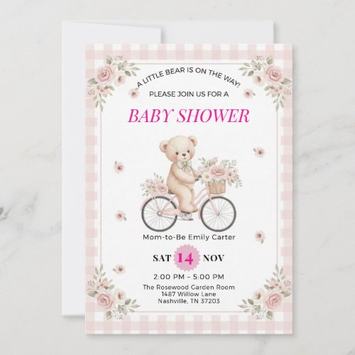 Pink Gingham Teddy Bear Bicycle Baby Shower Invitation