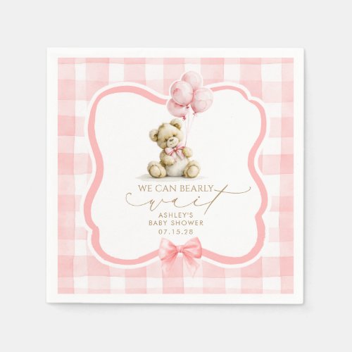 Pink Gingham Teddy Bear Girl Baby Shower Napkins