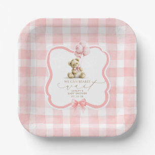Pink Gingham Teddy Bear Girl Baby Shower Paper Plates