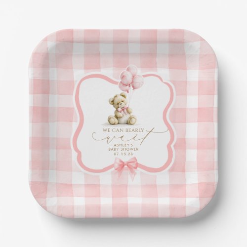 Pink Gingham Teddy Bear Girl Baby Shower Paper Plates