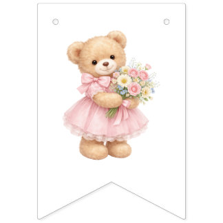 Pink Gingham Teddy Bear Happy Birthday Bunting Flags