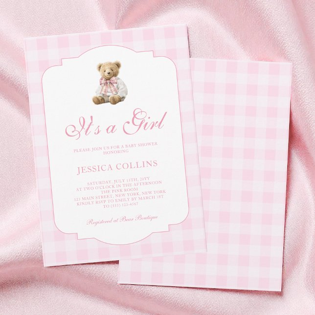 Pink Gingham Teddy Bear It's a Girl Baby Shower Invitation (Pink Gingham Teddy Bear It's a Girl Baby Shower Invitation)