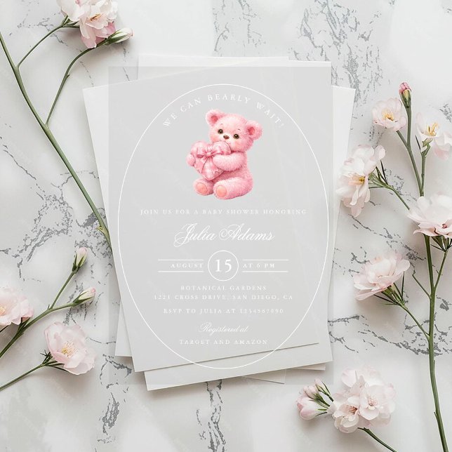 Pink Gingham Teddy Bear Neutral Baby Shower Acrylic Invitations (Creator Uploaded)