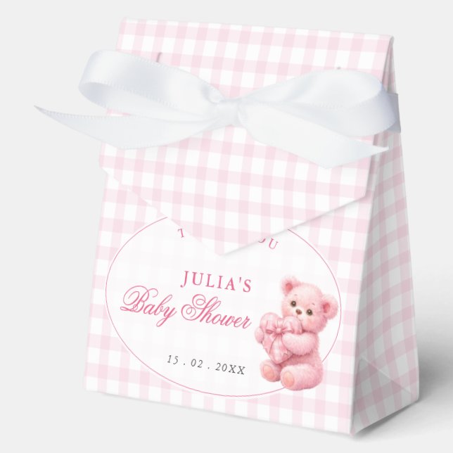Pink Gingham Teddy Bear Neutral Baby Shower Favor Boxes (Front)