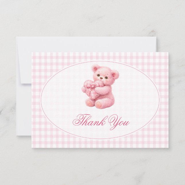 Pink Gingham Teddy Bear Neutral Baby Shower Invitation (Front)