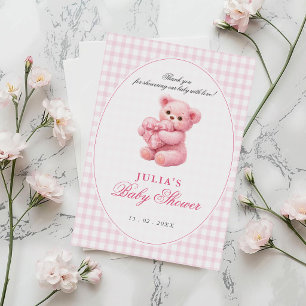 Pink Gingham Teddy Bear Neutral Baby Shower Invitation
