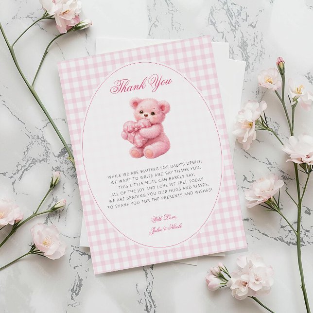 Pink Gingham Teddy Bear Neutral Baby Shower Invitation (Creator Uploaded)