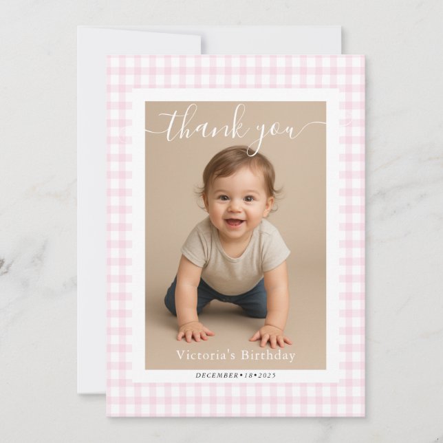 Pink Gingham Teddy Bear Neutral Baby Shower Note Card (Front)