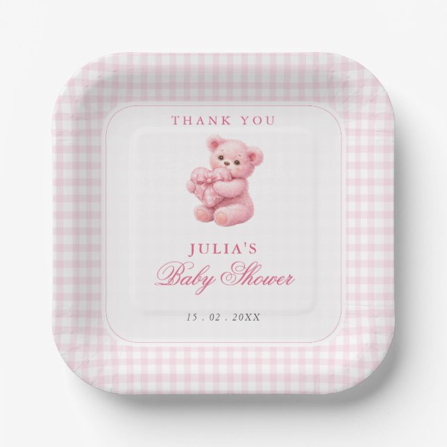 Pink Gingham Teddy Bear Neutral Baby Shower Paper Plates (Front)