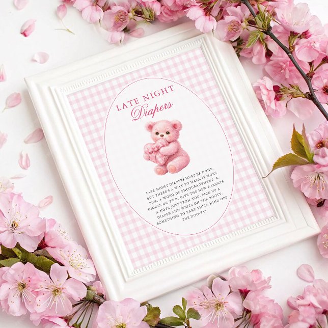 Pink Gingham Teddy Bear Neutral Baby Shower Poster (Creator Uploaded)