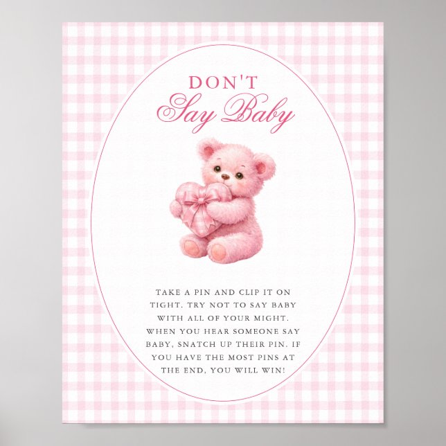Pink Gingham Teddy Bear Neutral Baby Shower Poster (Front)