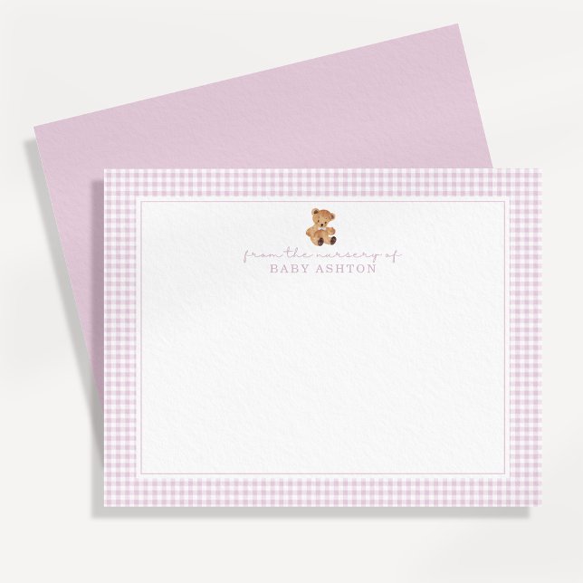 Pink Gingham Teddy Bear Nursery Note Card (Creator Uploaded)