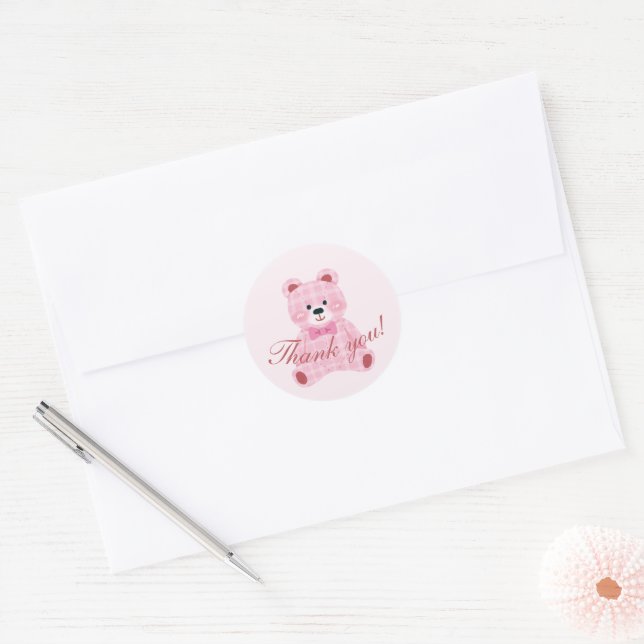 Pink Gingham Teddy Classic Round Sticker (Envelope)