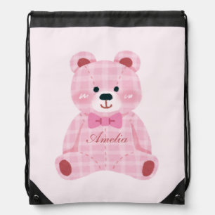 Pink Gingham Teddy Drawstring Bag