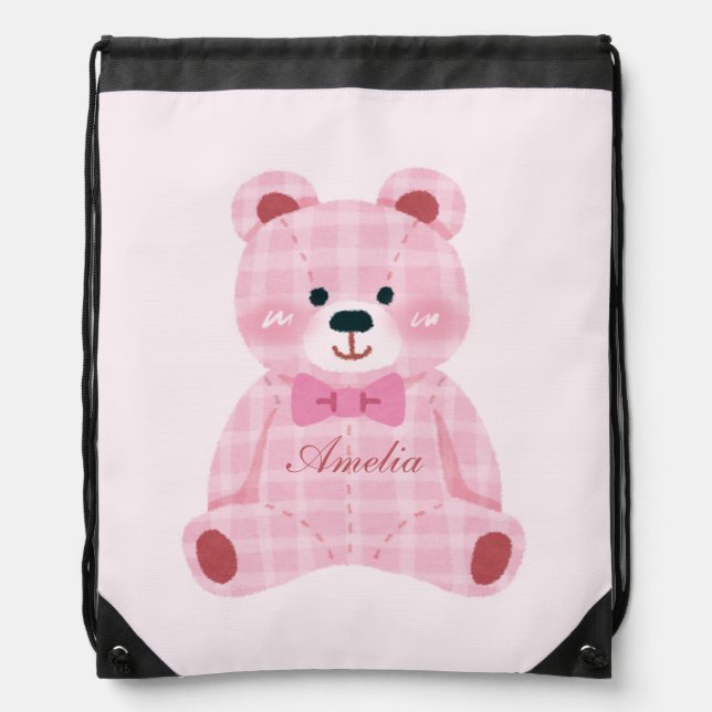 Pink Gingham Teddy Drawstring Bag (Front)