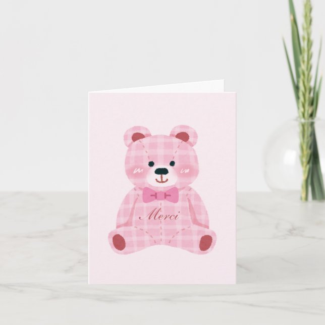 Pink Gingham Teddy Thank You Card (Front)