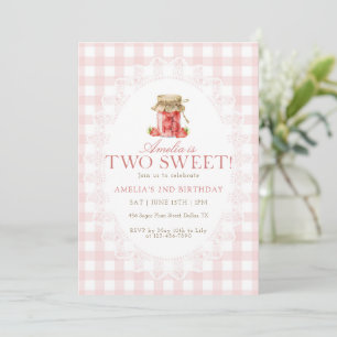 Pink Gingham Two Sweet Strawberry Birthday Invitation
