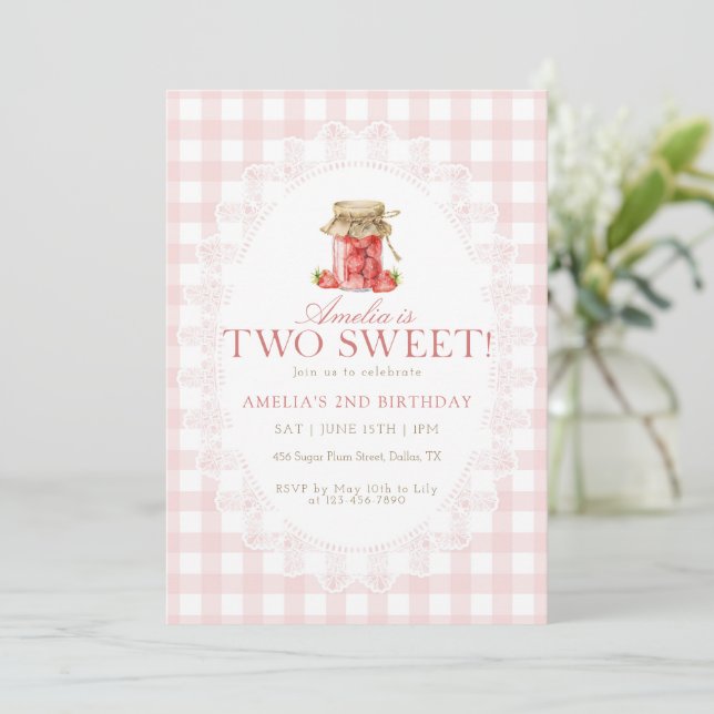 Pink Gingham Two Sweet Strawberry Birthday Invitation (Standing Front)