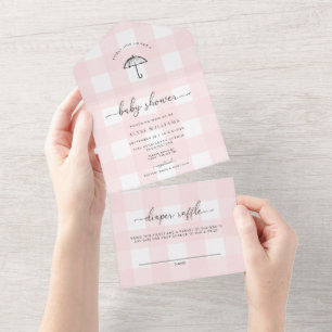 Pink Gingham Umbrella Baby Shower All In One Invitation