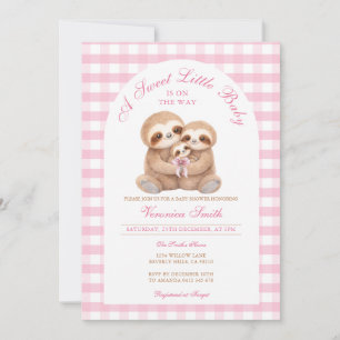 Pink Gingham Watercolor Sloth Baby Shower Invitation