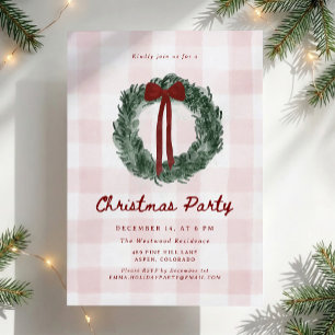 Pink Gingham Watercolor Wreath Christmas Party Invitation