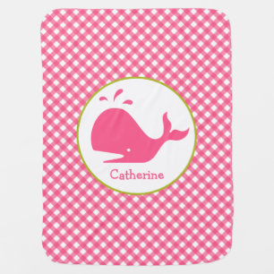 Pink Gingham + Whale Personalized Baby Blanket
