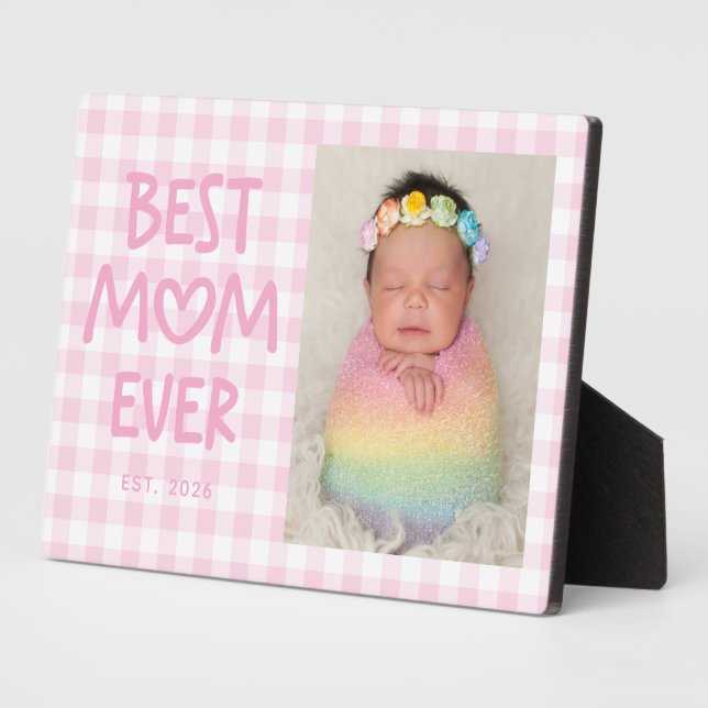 Pink Gingham Whimsical Heart Best Mom Ever Photo Plaque (Side)