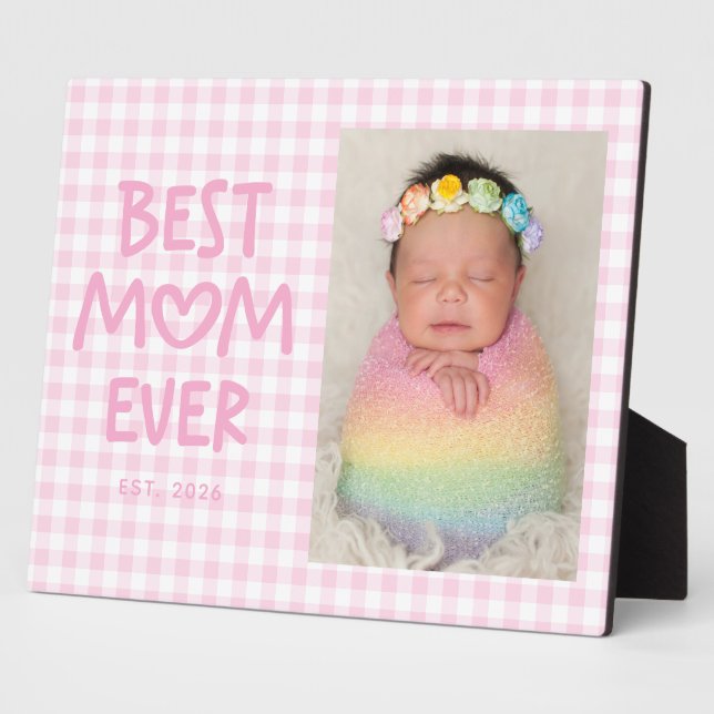 Pink Gingham Whimsical Heart Best Mom Ever Plaque (Side)
