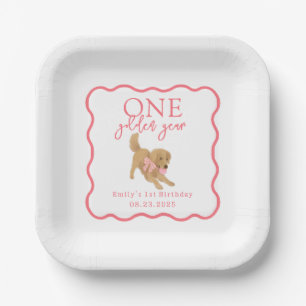 Pink Gingham Whimsical One Golden Year Birthday Paper Plates