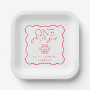 Pink Gingham Whimsical One Golden Year Birthday Paper Plates