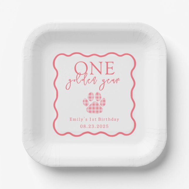 Pink Gingham Whimsical One Golden Year Birthday Paper Plates (Front)