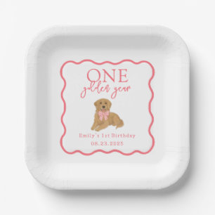 Pink Gingham Whimsical One Golden Year Birthday Paper Plates