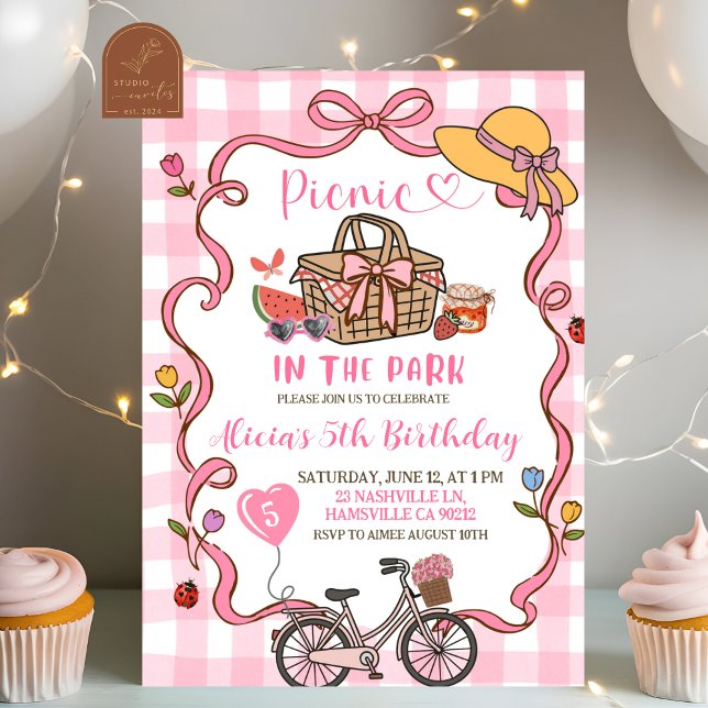  Pink Gingham Whimsical Picnic Birthday Invitation (Creator Uploaded)