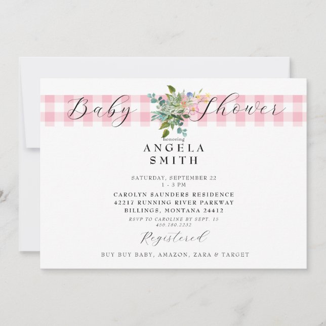 Pink Gingham Wildflower Baby Shower Invitation (Front)