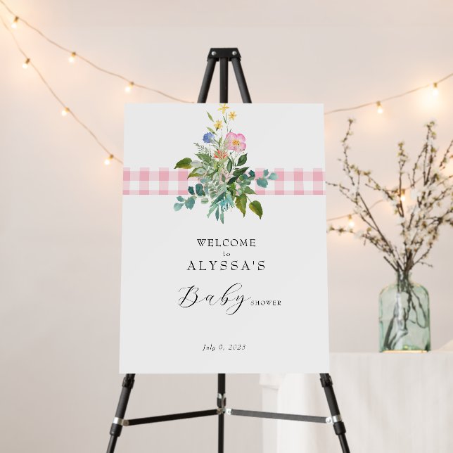Pink Gingham Wildflower Baby Shower Welcome Foam Board (In Situ (Stand))
