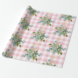 Pink Gingham Wildflower Baby Shower Wrapping Paper