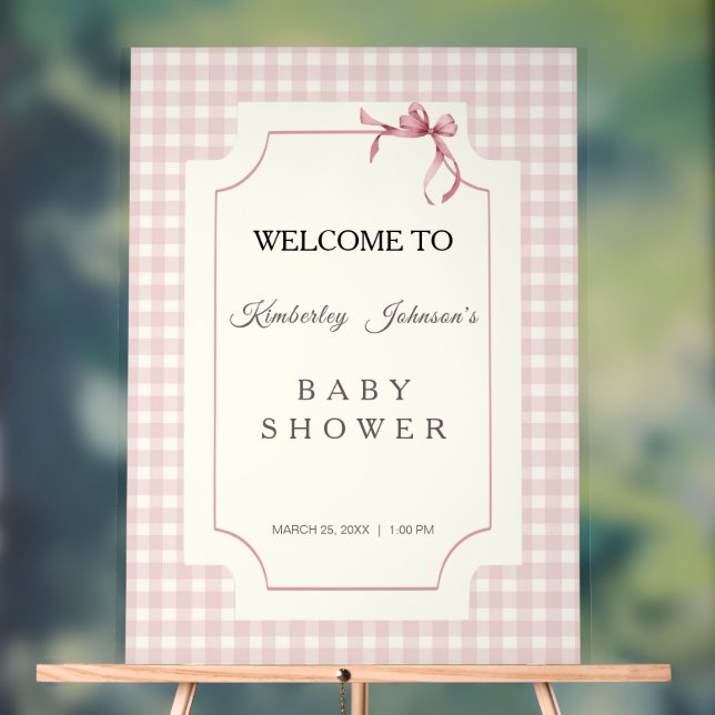 Pink Gingham with Bow Baby Shower Acrylic Sign (Neutral)