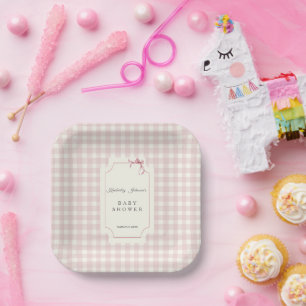 Pink Gingham with Bow Baby Shower Paper Plates