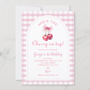 Pink Gingham with Bow She's Cherry on Top Birthday Invitation