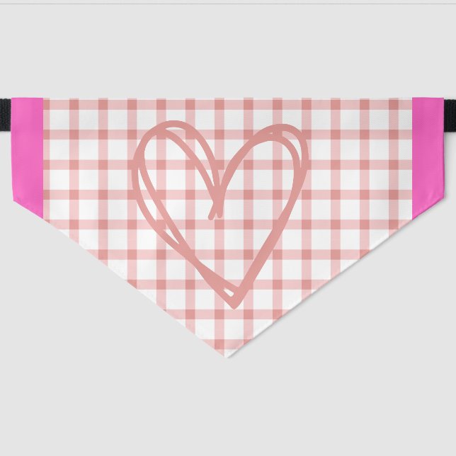 Pink Gingham with Heart Design Pet Bandana Collar (Front)