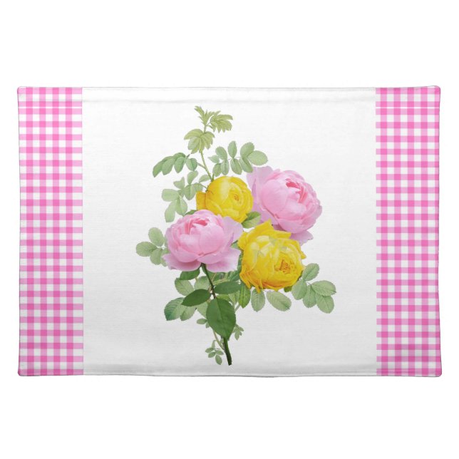 Pink Gingham with Roses  Cloth Placemat (Front)
