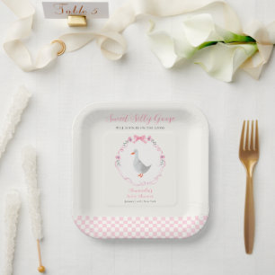 Pink Gingham Woodland Silly Goose Girl Baby Shower Paper Plates