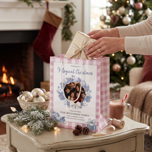 Pink Gingham Wreath Family Photo Holiday Gift Bag