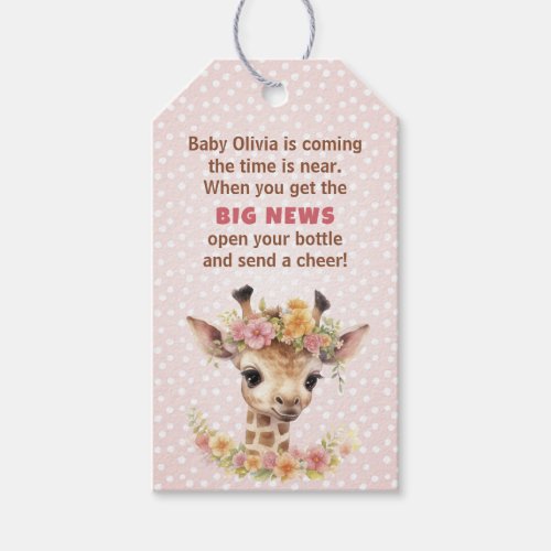 Pink Giraffe Baby Girl Safari Shower Bottle Favor Gift Tags