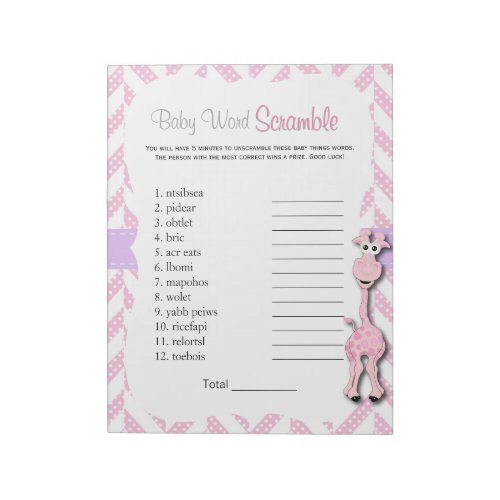 Pink Giraffe Baby Girl Shower Word Game Notepad