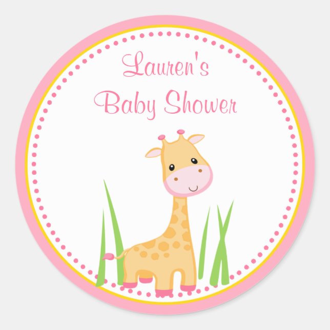 Pink Giraffe Baby Shower Favor Tag Sticker (Front)